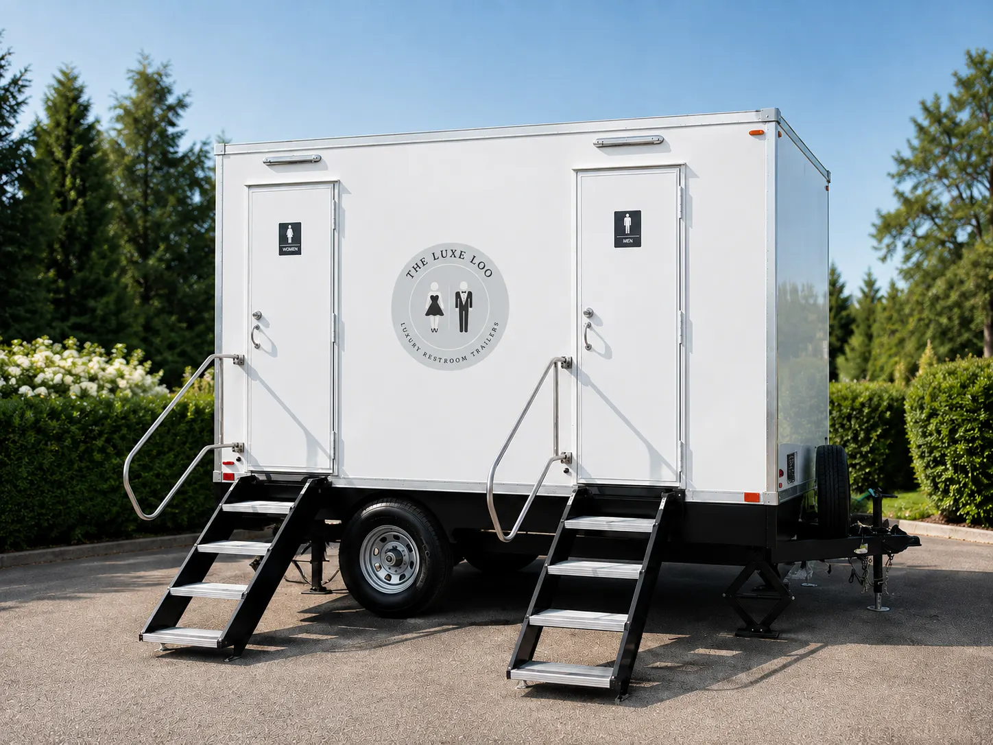 Luxury restroom trailer interior with vanity, mirror, and warm lighting
