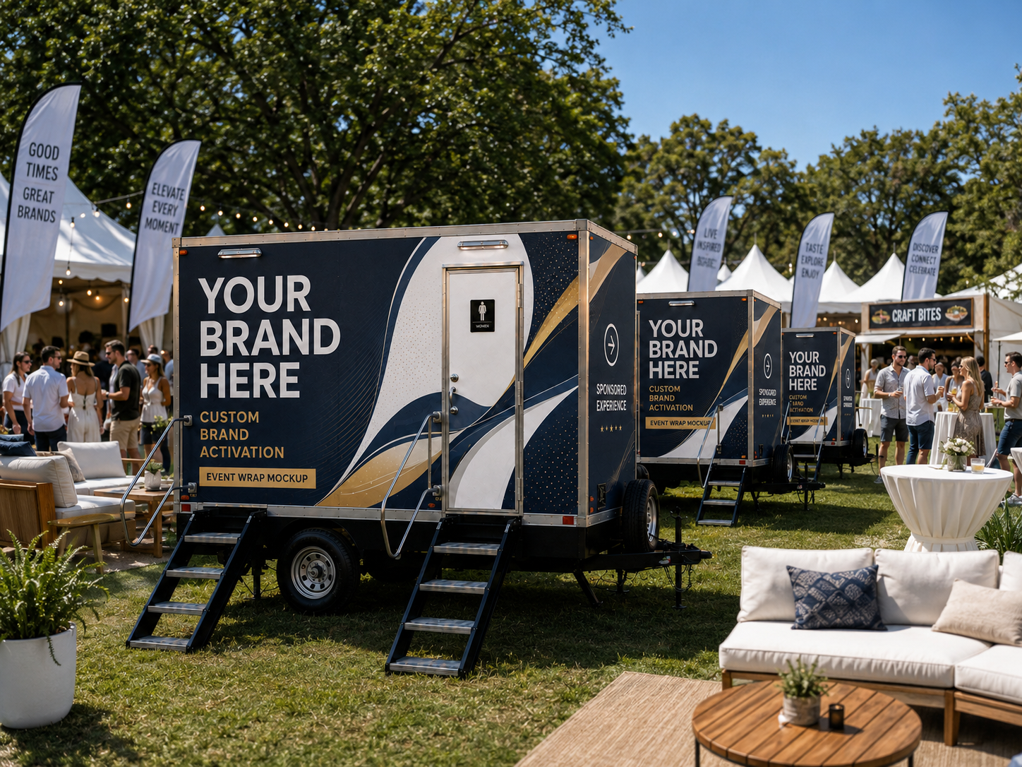 Branded luxury restroom trailers at a live brand activation event